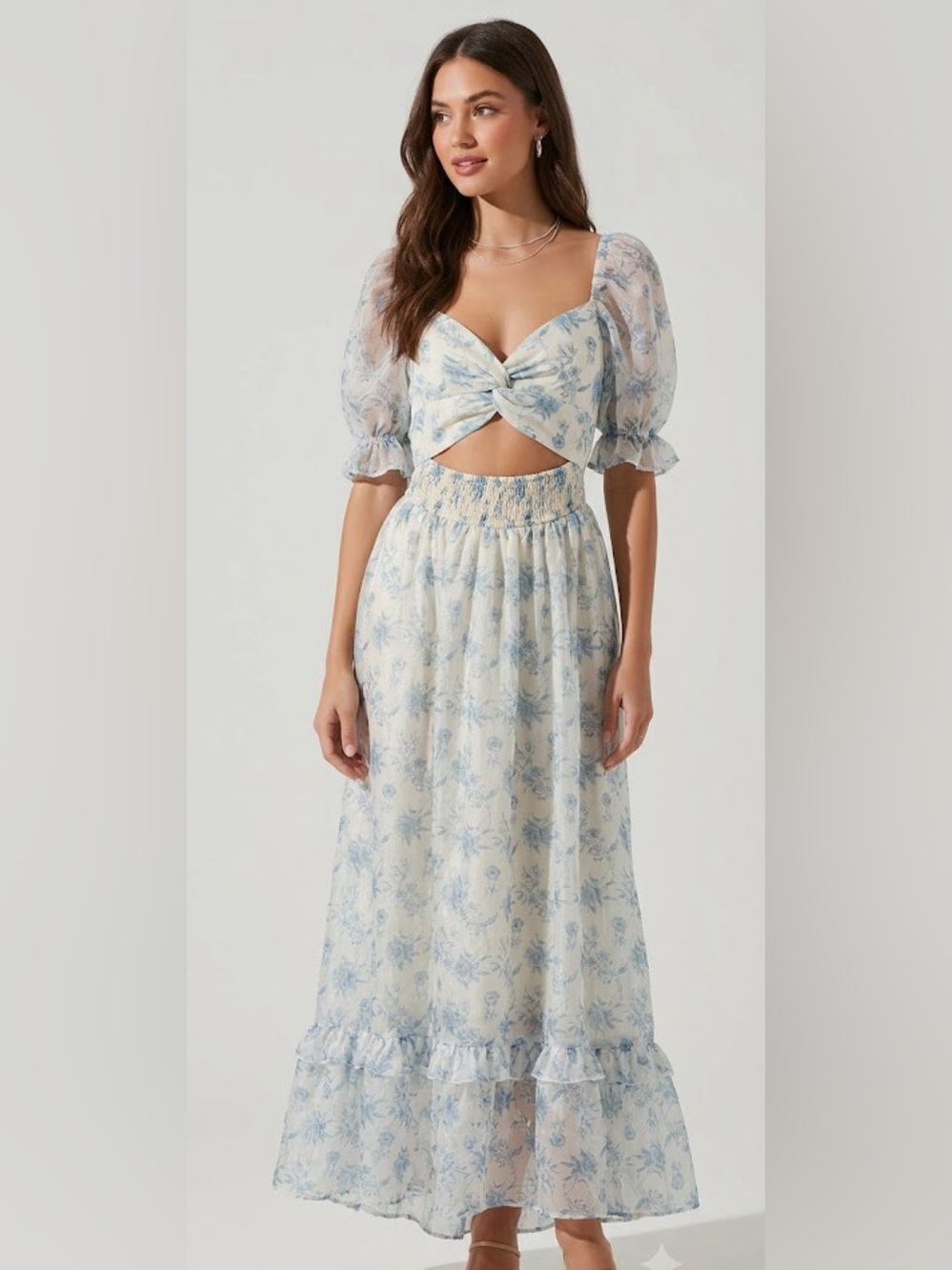 Stunning Thirty Thirty Blue Floral Cottagecore Cutout Puff Sleeve Maxi Dress L